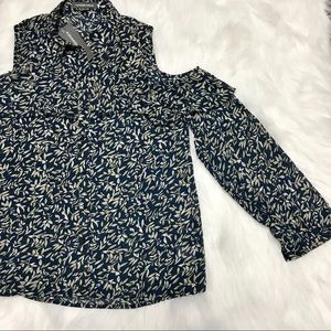 Alexander Jordan Navy Cream Leaf Cold Shoulder Top